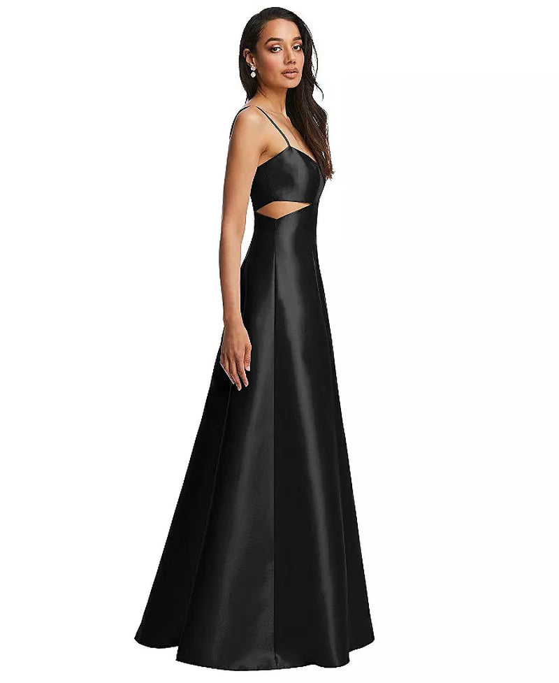 Womens Open Neckline Cutout Satin Twill A-Line Gown with Pockets